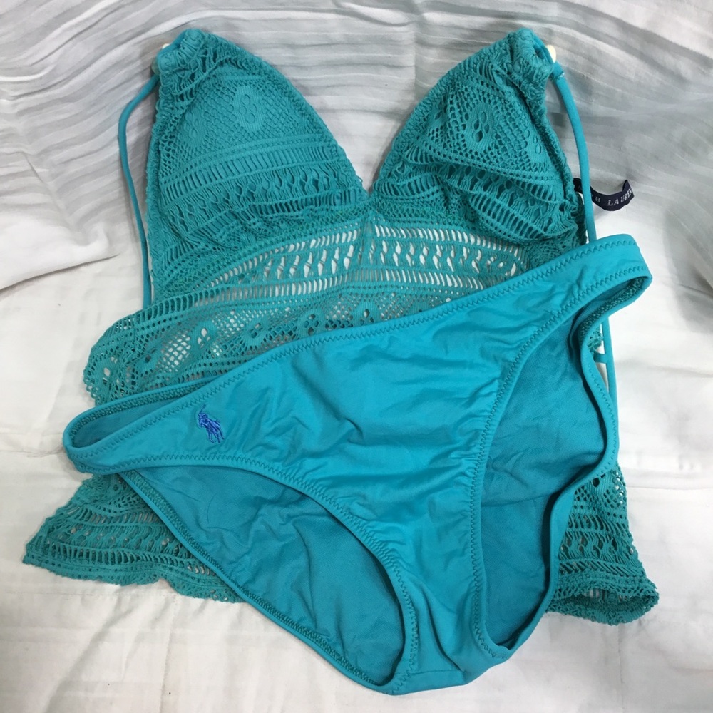 RLauren takini swimsuit, size S, lace like top, lite bra padding, low back